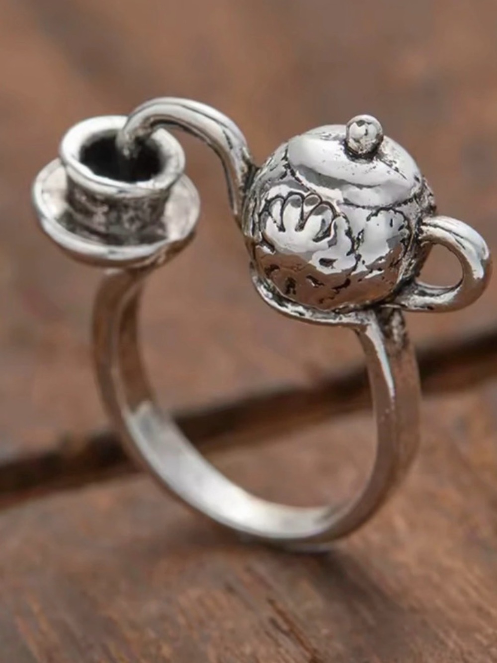 Silver tone Teapot and Cup & saucer Ring - Women's Silver Tea Set Ring